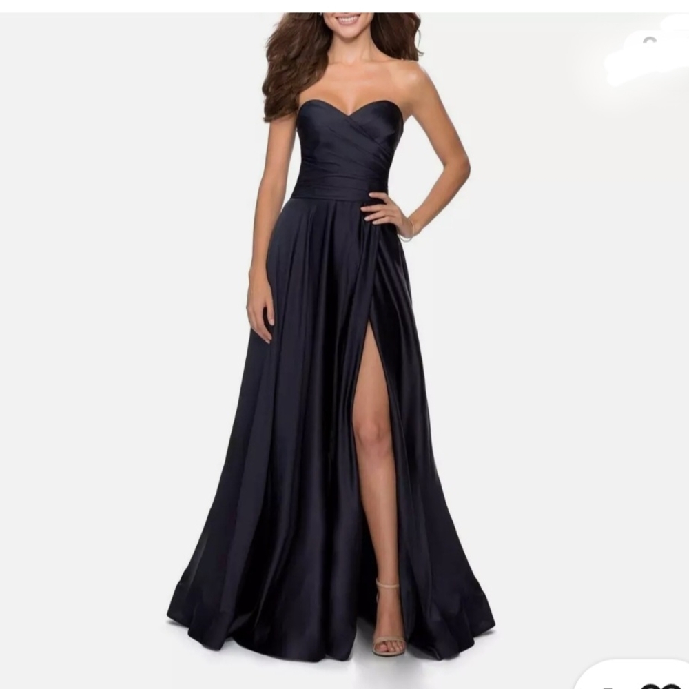 Navy Blue Strapless Satin Gown - La Femme